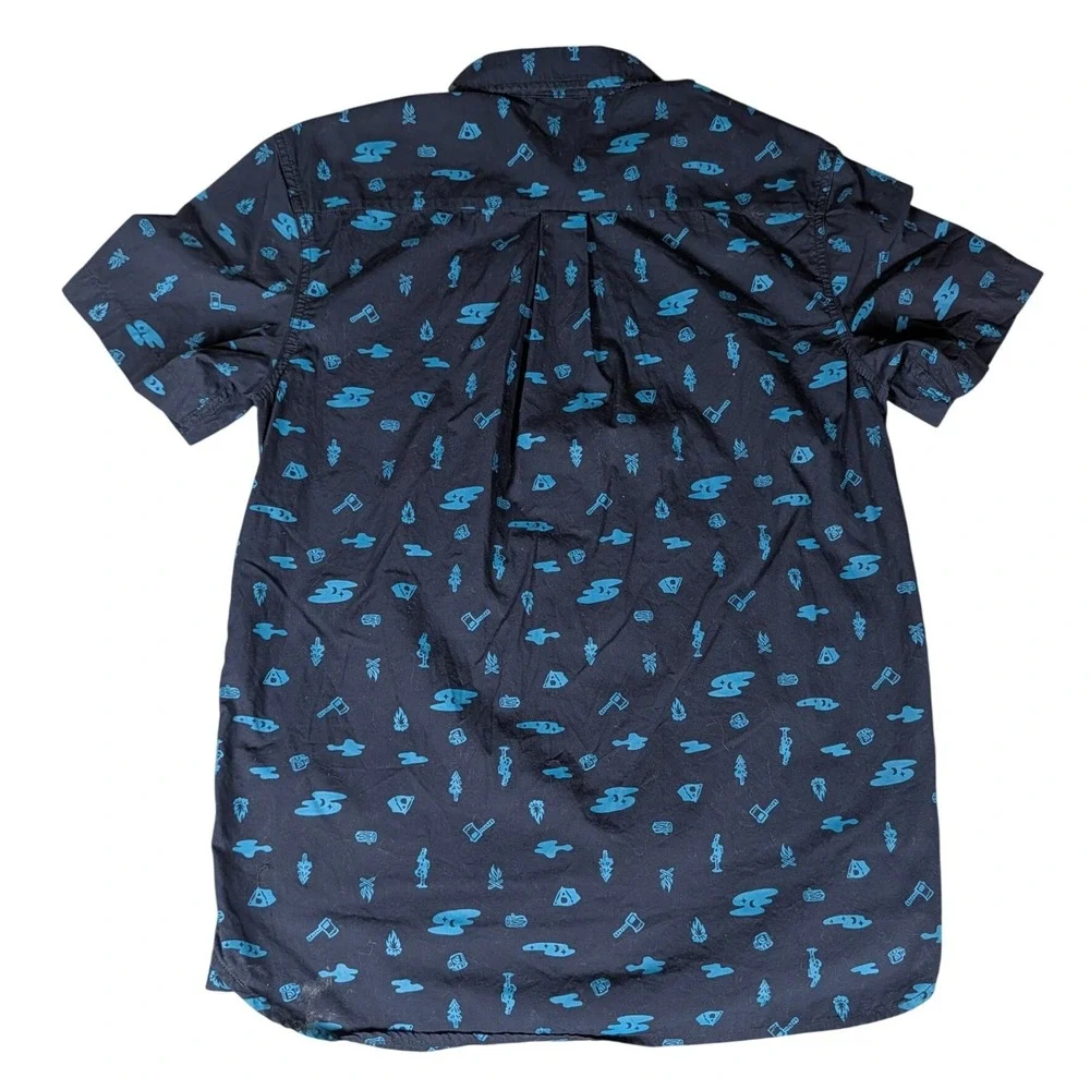 The North Face Mens Short Sleeve Button Down Camping Print Shirt Navy Teal M